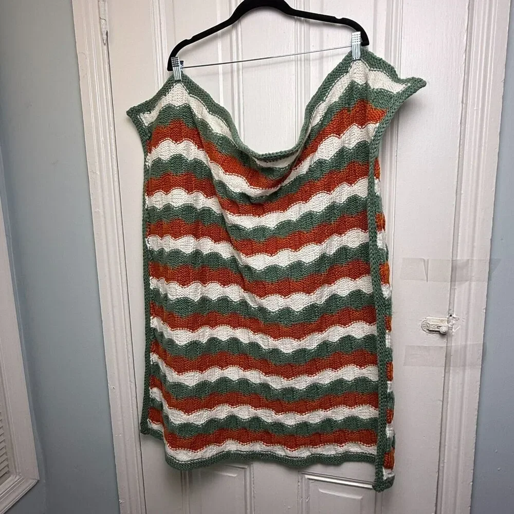Handmade Crochet Throw Blanket Wave Pattern Green Orange White Boho Home Granny